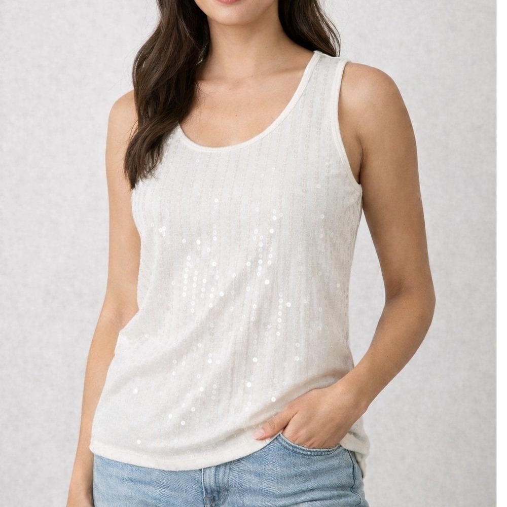 CHAPS‎ Off White Sequin Sleeveless Cotton Pullover Stretch Tank Top Women's Sz M